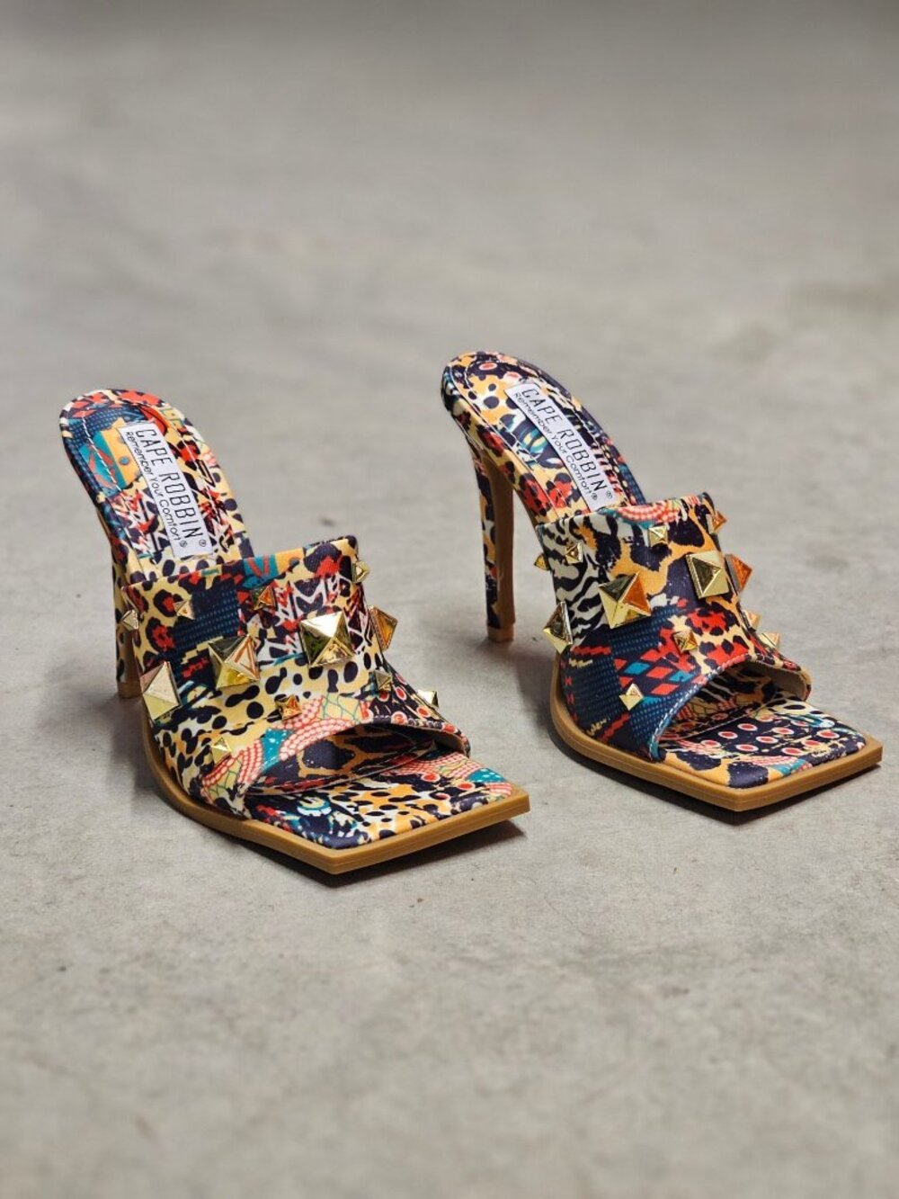 Cape Robbin Gold Studded Multicolor Printed High Heel Mules With Open Toe Womens - Picture 12 of 14